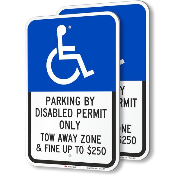 Unbranded Other - 2-Pk Parking Disabled Permit Only Tow-Away Zone & Fine Up To $250 Sign, 12" x 18